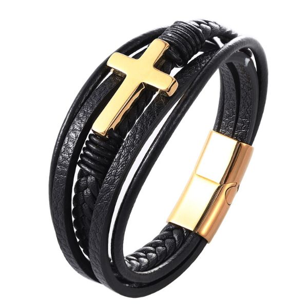 Pulsera Cruz Gold Cuero Trenzado